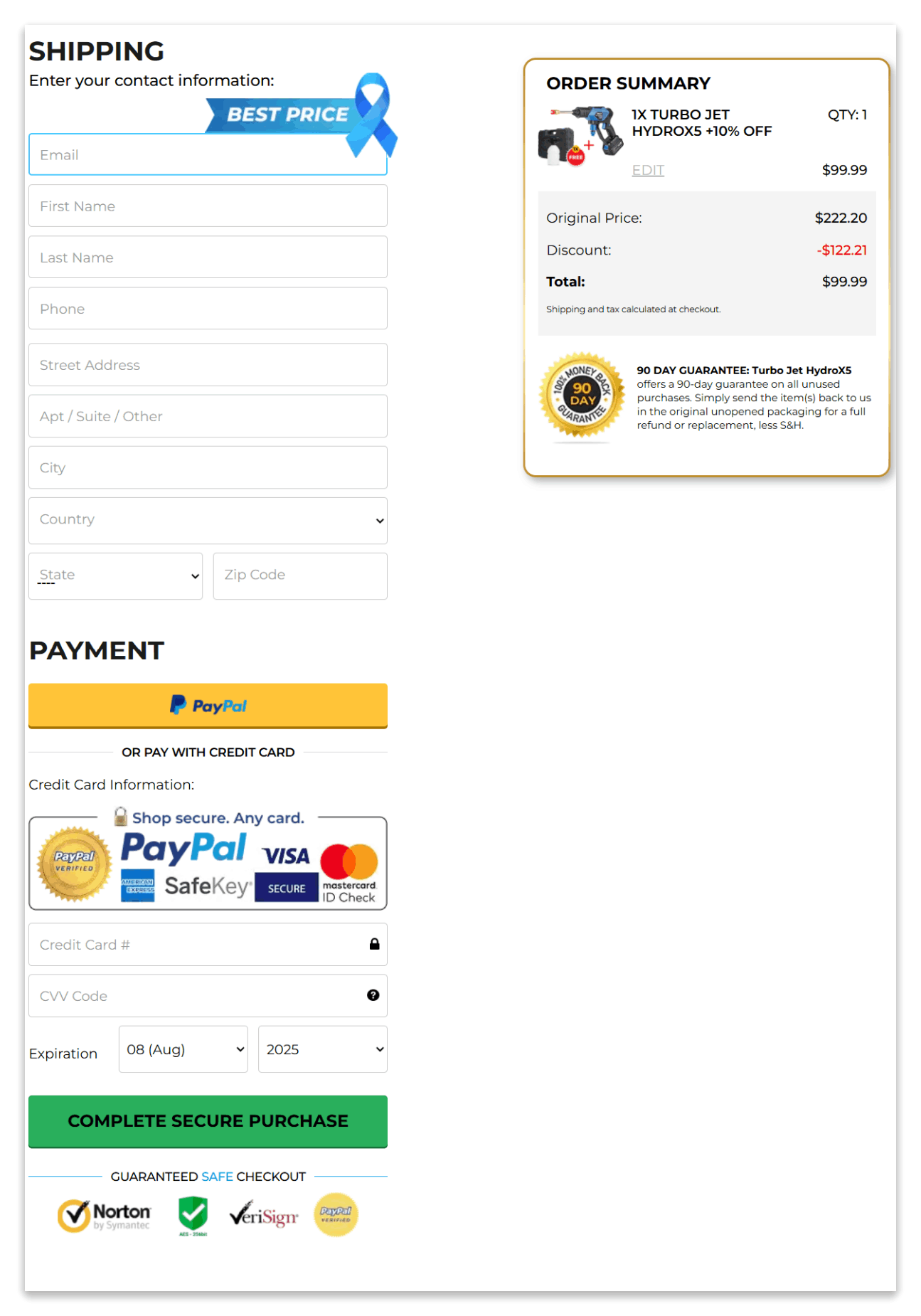 Hydrox5 Power Washer secure checkout page